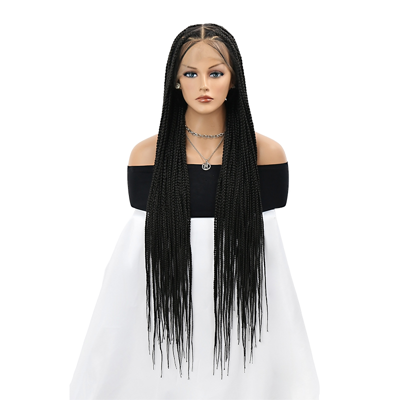36 inch HD Full Lace Front Braided Wigs Triangle Knotless Braided Wigs For Women Box Braid Wig With Baby Hair Human Hair Blended Braided Wigs Long Black