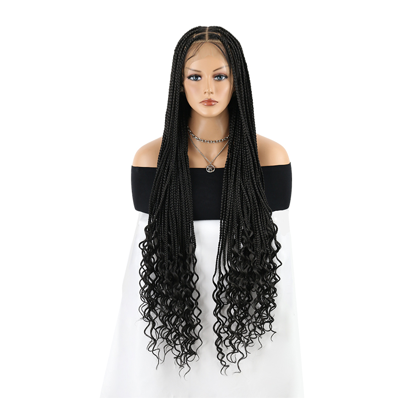 36 Inch Full Lace Braided Wigs For Black Women, 360° HD Single-layer Square Knotless Box Braid Wig with Small Curly Ends Handmade Synthetic Hair Blended Full Lace Wig Natural Black