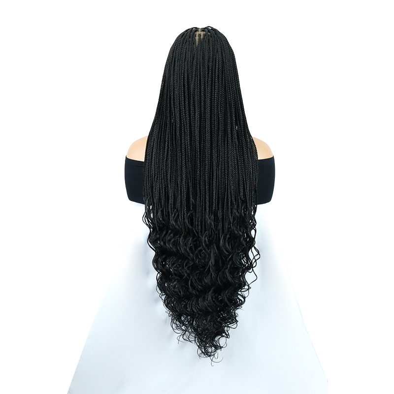 36inch HD Full lace Braided Wigs for Black Women,  Small Knoteless Braid lace wig with Large Curly Ends Natural Long Black