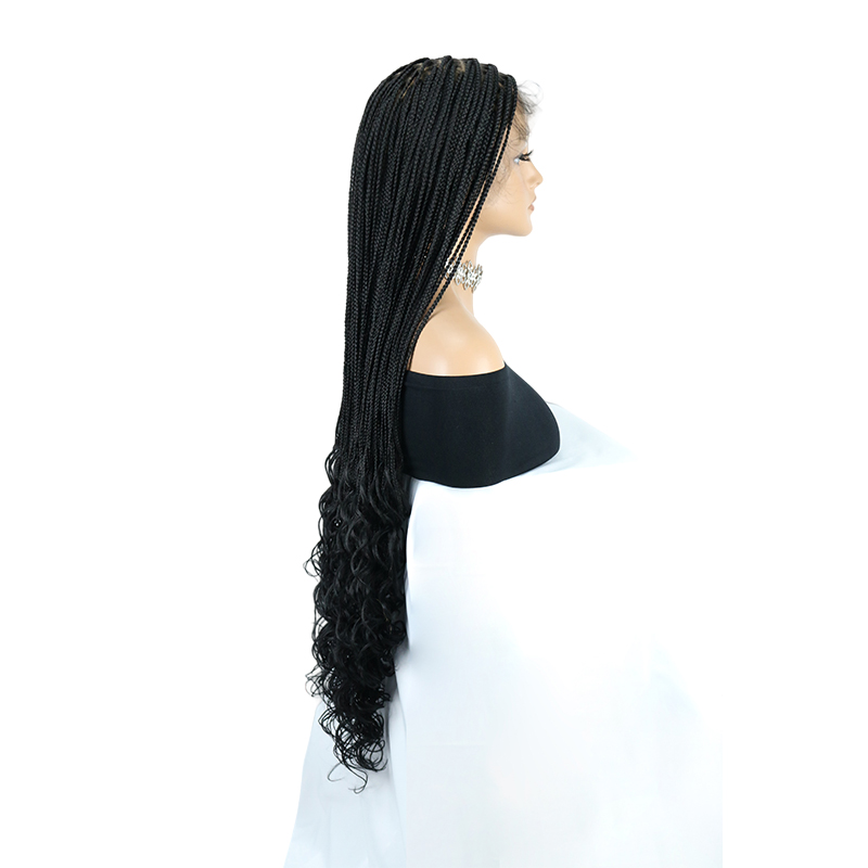 36inch HD Full lace Braided Wigs for Black Women,  Small Knoteless Braid lace wig with Large Curly Ends Natural Long Black
