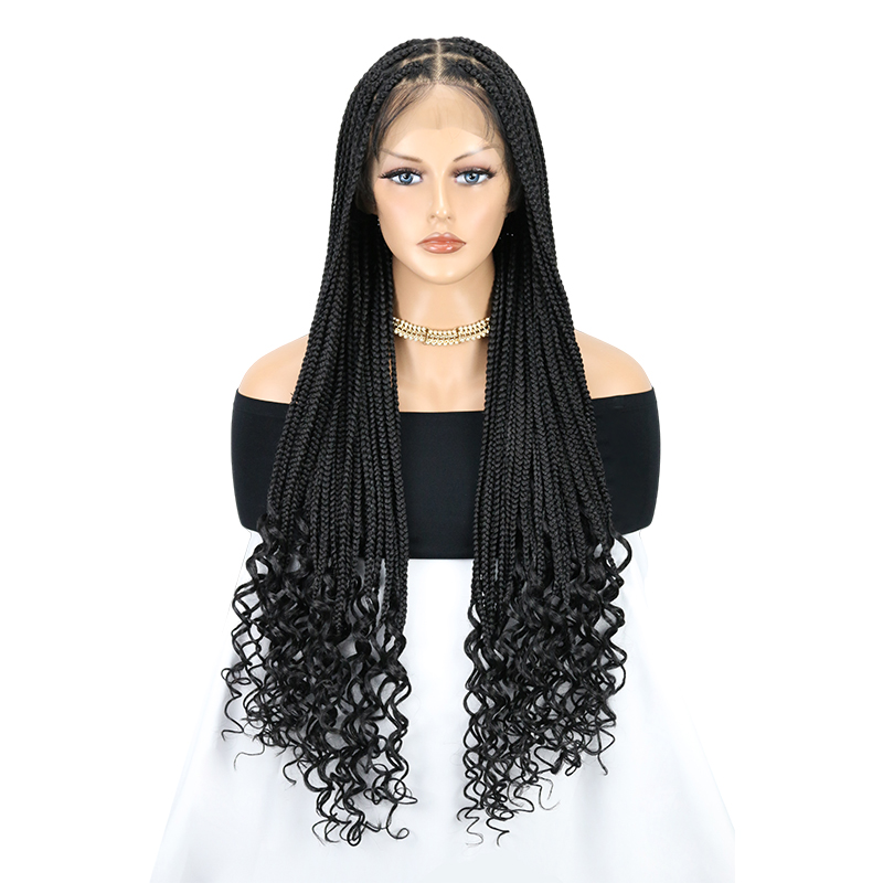 36'' 13x8'' HD Lace Front Knotless Braided Wigs for Black Women Box Braid Wig with Boho Curly Ends Braided Lace Front Wigs for Black Women