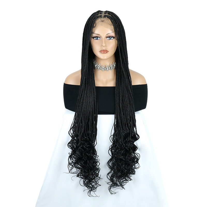 36inch HD Full lace Braided Wigs for Black Women,  Small Knoteless Braid lace wig with Large Curly Ends Natural Long Black