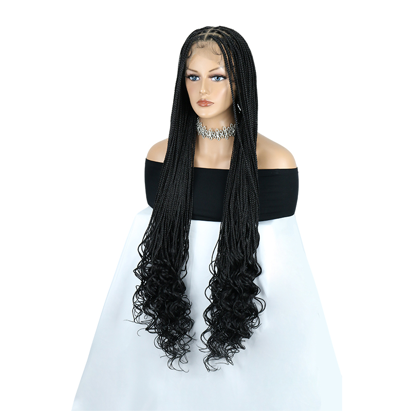 36inch HD Full lace Braided Wigs for Black Women,  Small Knoteless Braid lace wig with Large Curly Ends Natural Long Black
