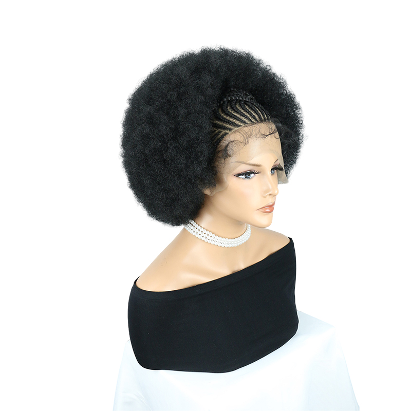 Cornrow Braided Wigs for Black Women Short Afro Puff Wig 11x5 Lace Front Braids Wig with Baby Hair Pre Braided Cornrow Hair Glueless Afro Curly Synthetic Wigs 1B Color