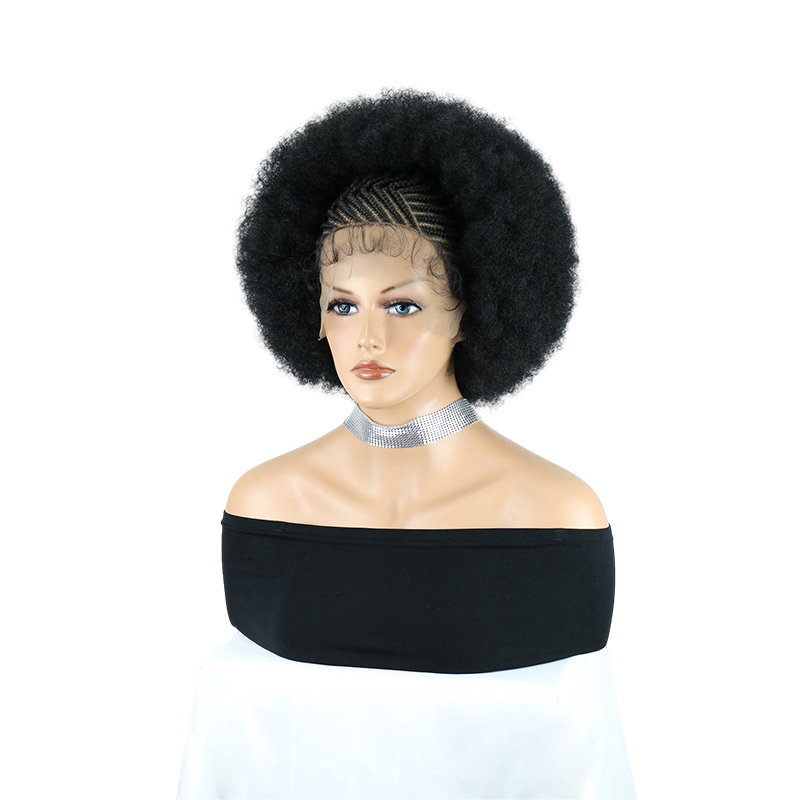 Cornrow Braided Wigs for Black Women Short Afro Puff Wig 11x5 Lace Front Braids Wig with Baby Hair Pre Braided Cornrow Hair Glueless Afro Curly Synthetic Wigs 1B Color