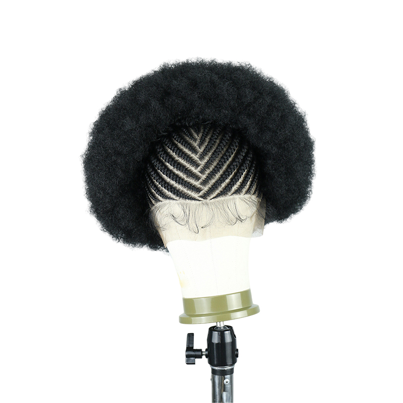 Cornrow Braided Wigs for Black Women Short Afro Puff Wig 11x5 Lace Front Braids Wig with Baby Hair Pre Braided Cornrow Hair Glueless Afro Curly Synthetic Wigs 1B Color