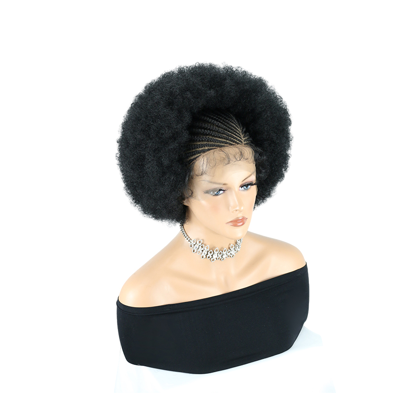 Cornrow Braided Wigs for Black Women Short Afro Puff Wig 11x5 Lace Front Braids Wig with Baby Hair Pre Braided Cornrow Hair Glueless Afro Curly Synthetic Wigs 1B Color