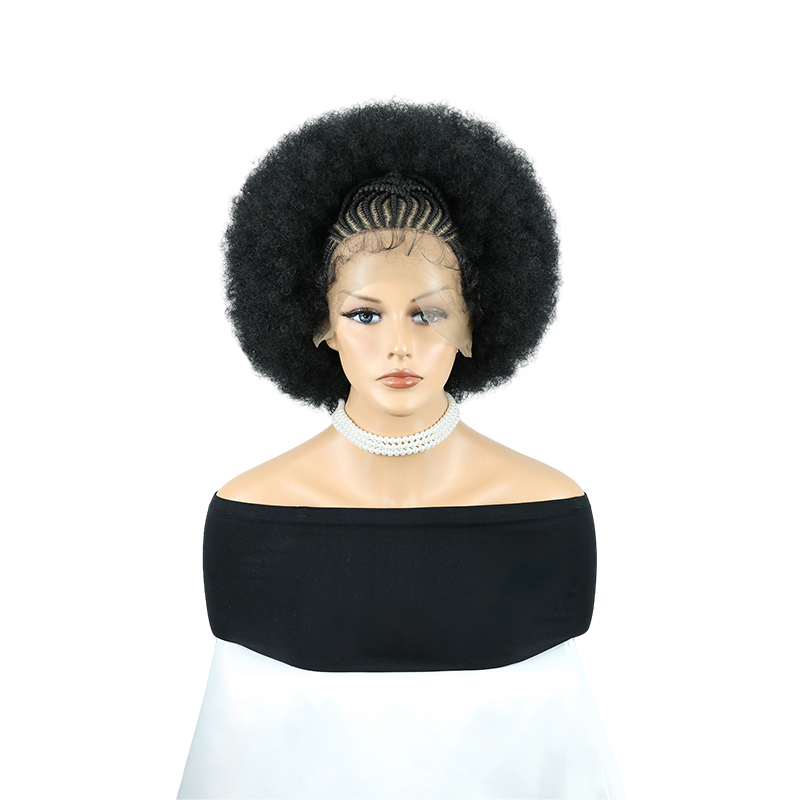 Cornrow Braided Wigs for Black Women Short Afro Puff Wig 11x5 Lace Front Braids Wig with Baby Hair Pre Braided Cornrow Hair Glueless Afro Curly Synthetic Wigs 1B Color