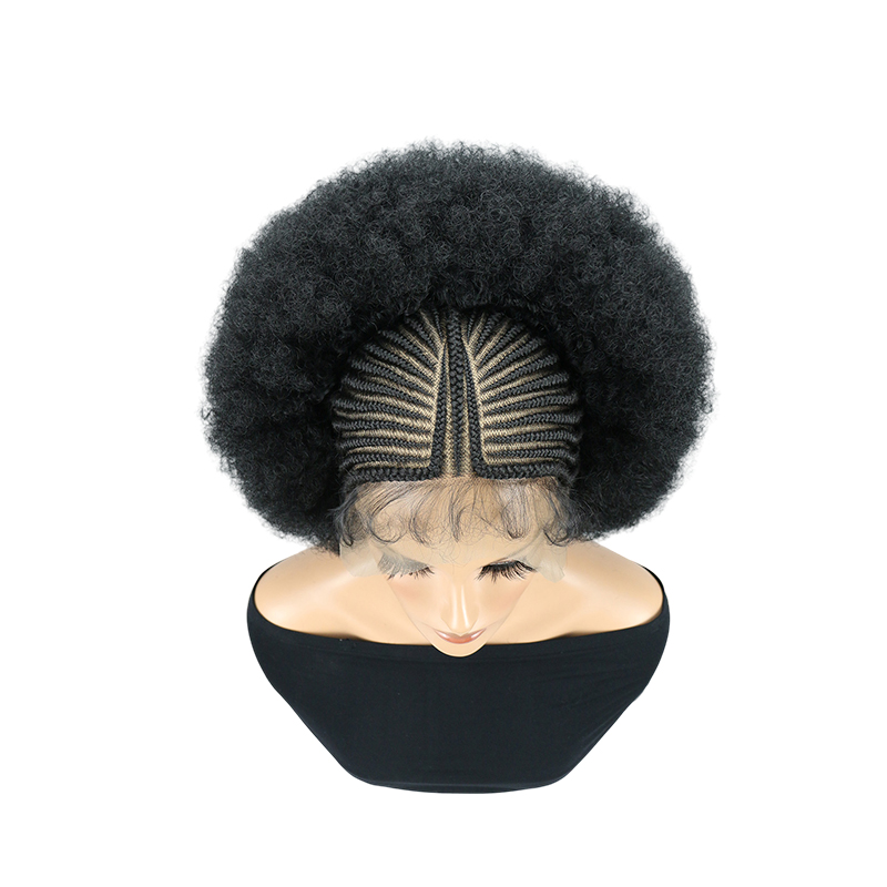 Cornrow Braided Wigs for Black Women Short Afro Puff Wig 11x5 Lace Front Braids Wig with Baby Hair Pre Braided Cornrow Hair Glueless Afro Curly Synthetic Wigs 1B Color