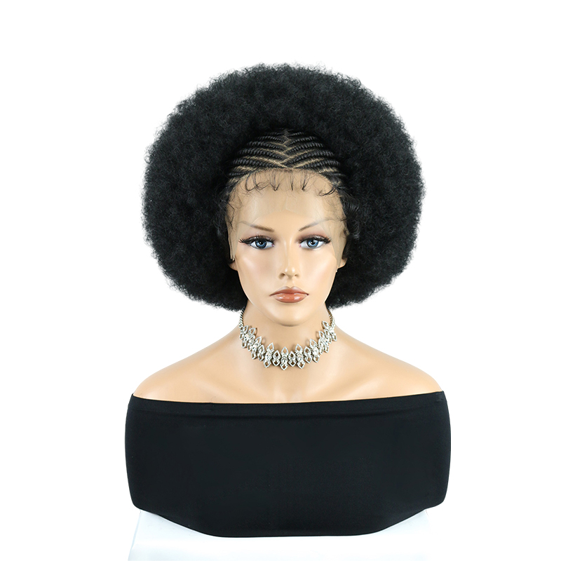 Cornrow Braided Wigs for Black Women Short Afro Puff Wig 11x5 Lace Front Braids Wig with Baby Hair Pre Braided Cornrow Hair Glueless Afro Curly Synthetic Wigs 1B Color