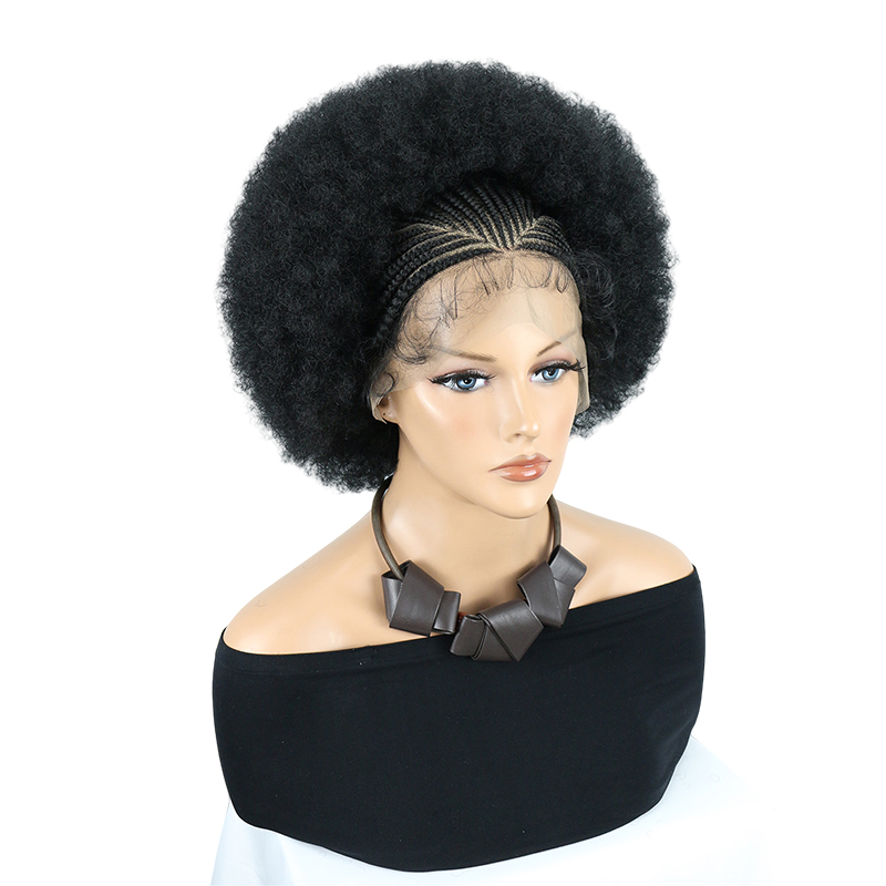 Cornrow Braided Wigs for Black Women Short Afro Puff Wig 11x5 Lace Front Braids Wig with Baby Hair Pre Braided Cornrow Hair Glueless Afro Curly Synthetic Wigs 1B Color