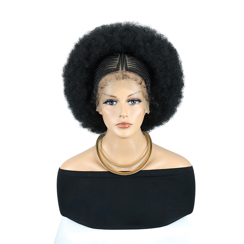 Cornrow Braided Wigs for Black Women Short Afro Puff Wig 11x5 Lace Front Braids Wig with Baby Hair Pre Braided Cornrow Hair Glueless Afro Curly Synthetic Wigs 1B Color
