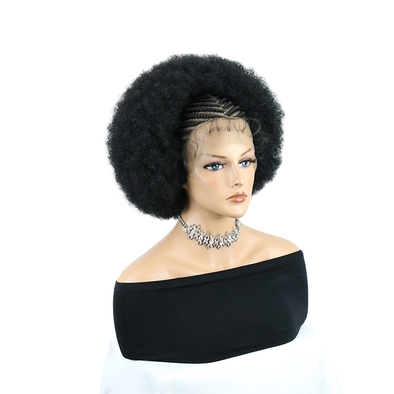Cornrow Braided Wigs for Black Women Short Afro Puff Wig 11x5 Lace Front Braids Wig with Baby Hair Pre Braided Cornrow Hair Glueless Afro Curly Synthetic Wigs 1B Color