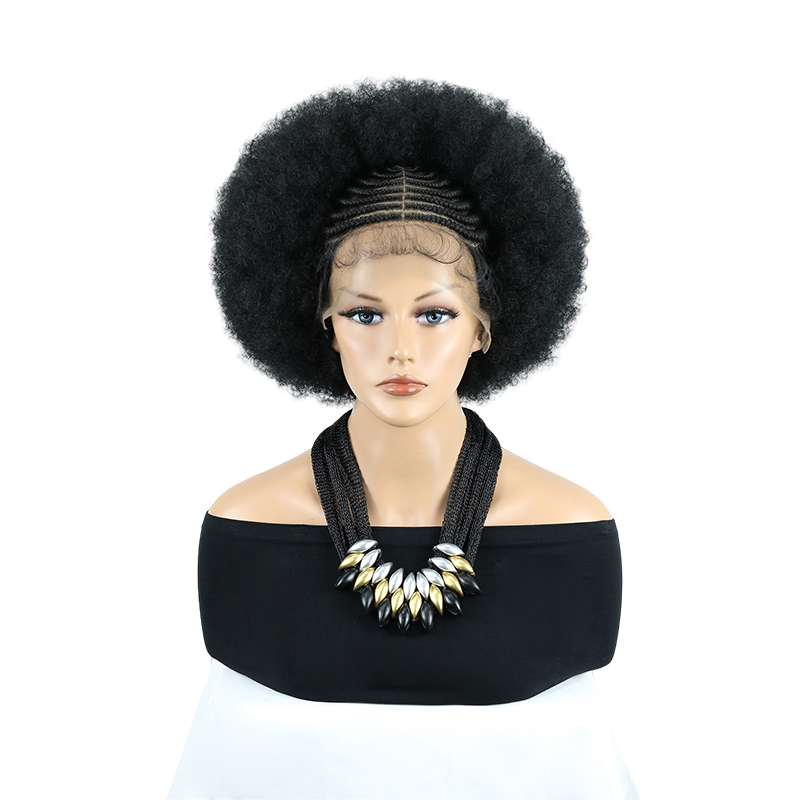 Cornrow Braided Wigs for Black Women Short Afro Puff Wig 11x5 Lace Front Braids Wig with Baby Hair Pre Braided Cornrow Hair Glueless Afro Curly Synthetic Wigs 1B Color