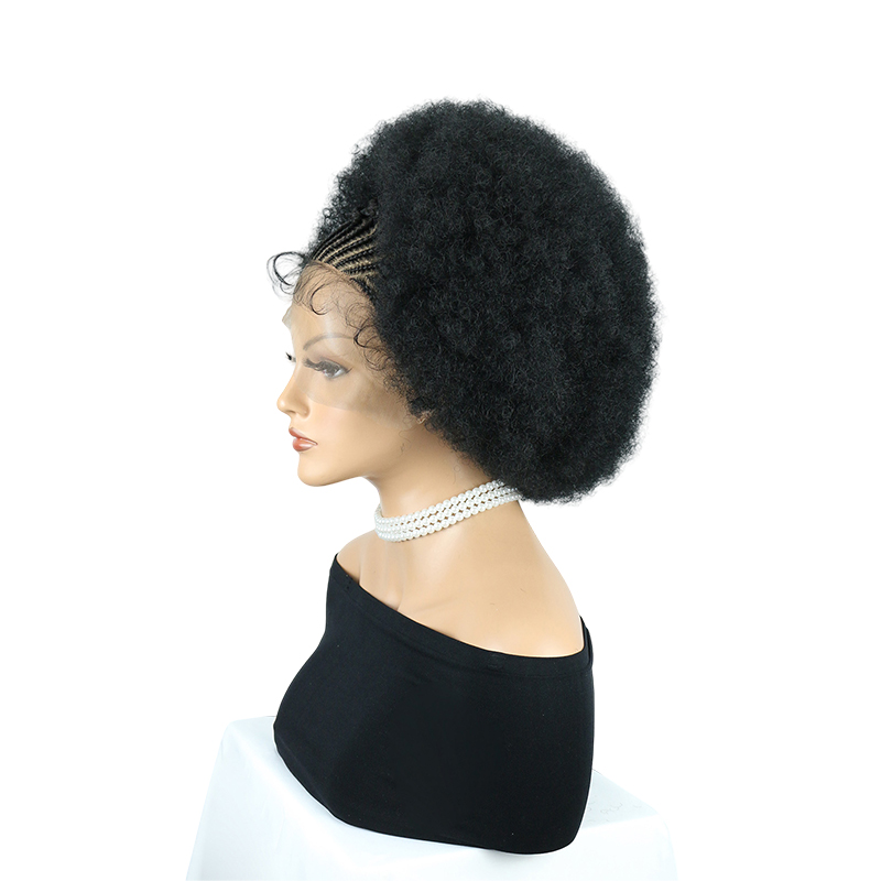 Cornrow Braided Wigs for Black Women Short Afro Puff Wig 11x5 Lace Front Braids Wig with Baby Hair Pre Braided Cornrow Hair Glueless Afro Curly Synthetic Wigs 1B Color