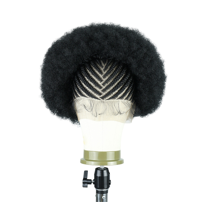 Cornrow Braided Wigs for Black Women Short Afro Puff Wig 11x5 Lace Front Braids Wig with Baby Hair Pre Braided Cornrow Hair Glueless Afro Curly Synthetic Wigs 1B Color