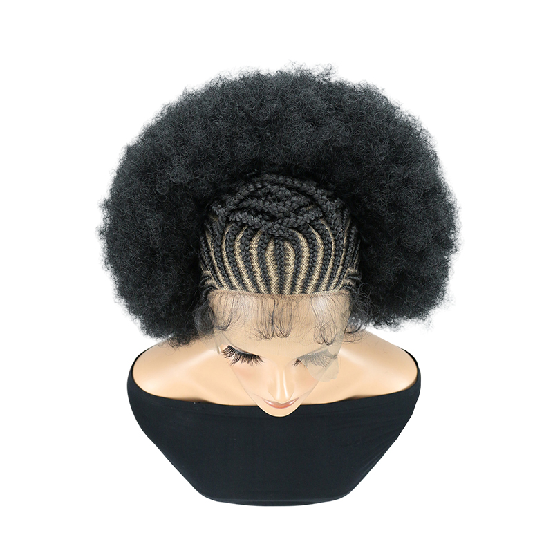 Cornrow Braided Wigs for Black Women Short Afro Puff Wig 11x5 Lace Front Braids Wig with Baby Hair Pre Braided Cornrow Hair Glueless Afro Curly Synthetic Wigs 1B Color