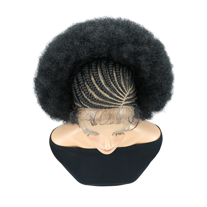 Cornrow Braided Wigs for Black Women Short Afro Puff Wig 11x5 Lace Front Braids Wig with Baby Hair Pre Braided Cornrow Hair Glueless Afro Curly Synthetic Wigs 1B Color