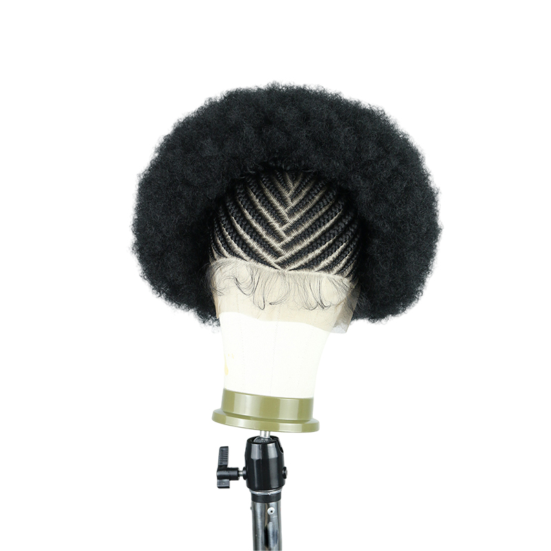 Cornrow Braided Wigs for Black Women Short Afro Puff Wig 11x5 Lace Front Braids Wig with Baby Hair Pre Braided Cornrow Hair Glueless Afro Curly Synthetic Wigs 1B Color
