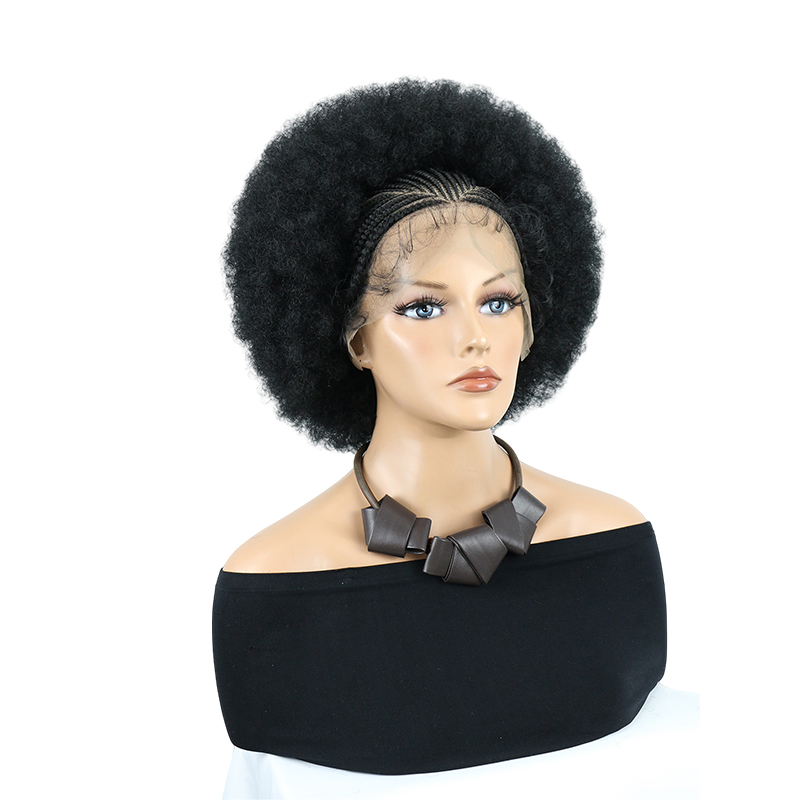 Cornrow Braided Wigs for Black Women Short Afro Puff Wig 11x5 Lace Front Braids Wig with Baby Hair Pre Braided Cornrow Hair Glueless Afro Curly Synthetic Wigs 1B Color