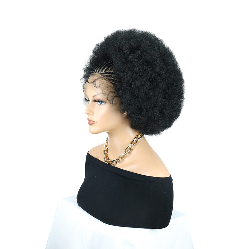 Cornrow Braided Wigs for Black Women Short Afro Puff Wig 11x5 Lace Front Braids Wig with Baby Hair Pre Braided Cornrow Hair Glueless Afro Curly Synthetic Wigs 1B Color