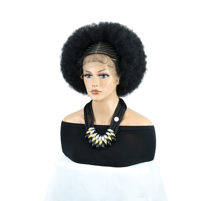 Cornrow Braided Wigs for Black Women Short Afro Puff Wig 11x5 Lace Front Braids Wig with Baby Hair Pre Braided Cornrow Hair Glueless Afro Curly Synthetic Wigs 1B Color