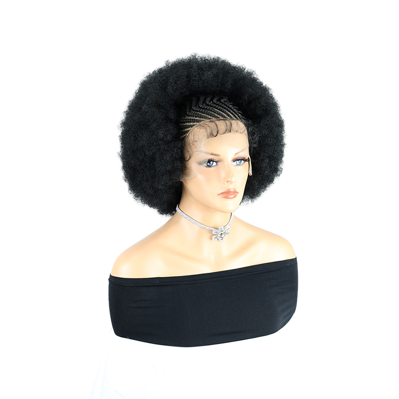 Cornrow Braided Wigs for Black Women Short Afro Puff Wig 11x5 Lace Front Braids Wig with Baby Hair Pre Braided Cornrow Hair Glueless Afro Curly Synthetic Wigs 1B Color