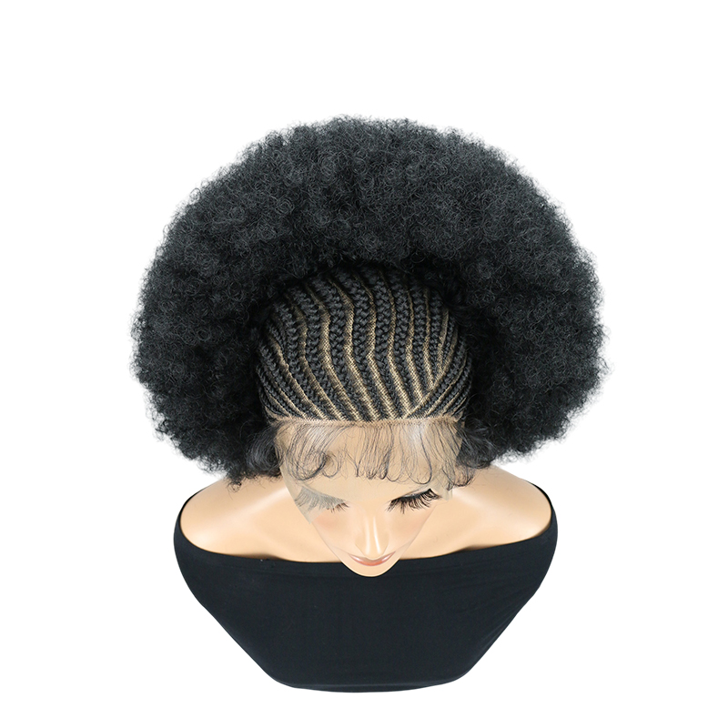 Cornrow Braided Wigs for Black Women Short Afro Puff Wig 11x5 Lace Front Braids Wig with Baby Hair Pre Braided Cornrow Hair Glueless Afro Curly Synthetic Wigs 1B Color