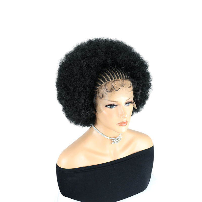 Cornrow Braided Wigs for Black Women Short Afro Puff Wig 11x5 Lace Front Braids Wig with Baby Hair Pre Braided Cornrow Hair Glueless Afro Curly Synthetic Wigs 1B Color