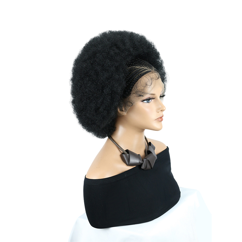 Cornrow Braided Wigs for Black Women Short Afro Puff Wig 11x5 Lace Front Braids Wig with Baby Hair Pre Braided Cornrow Hair Glueless Afro Curly Synthetic Wigs 1B Color