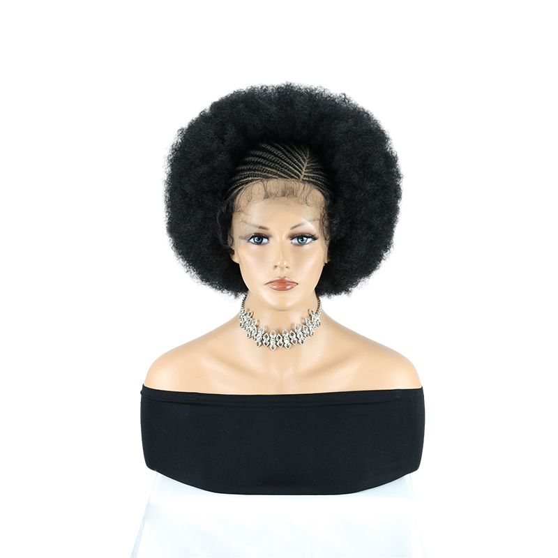 Cornrow Braided Wigs for Black Women Short Afro Puff Wig 11x5 Lace Front Braids Wig with Baby Hair Pre Braided Cornrow Hair Glueless Afro Curly Synthetic Wigs 1B Color