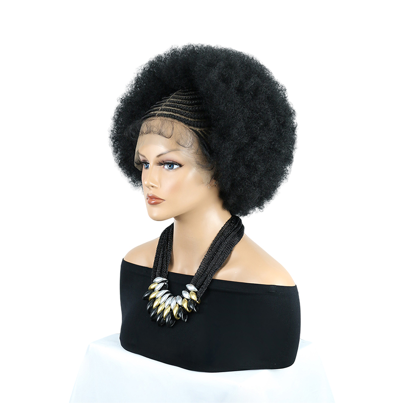 Cornrow Braided Wigs for Black Women Short Afro Puff Wig 11x5 Lace Front Braids Wig with Baby Hair Pre Braided Cornrow Hair Glueless Afro Curly Synthetic Wigs 1B Color