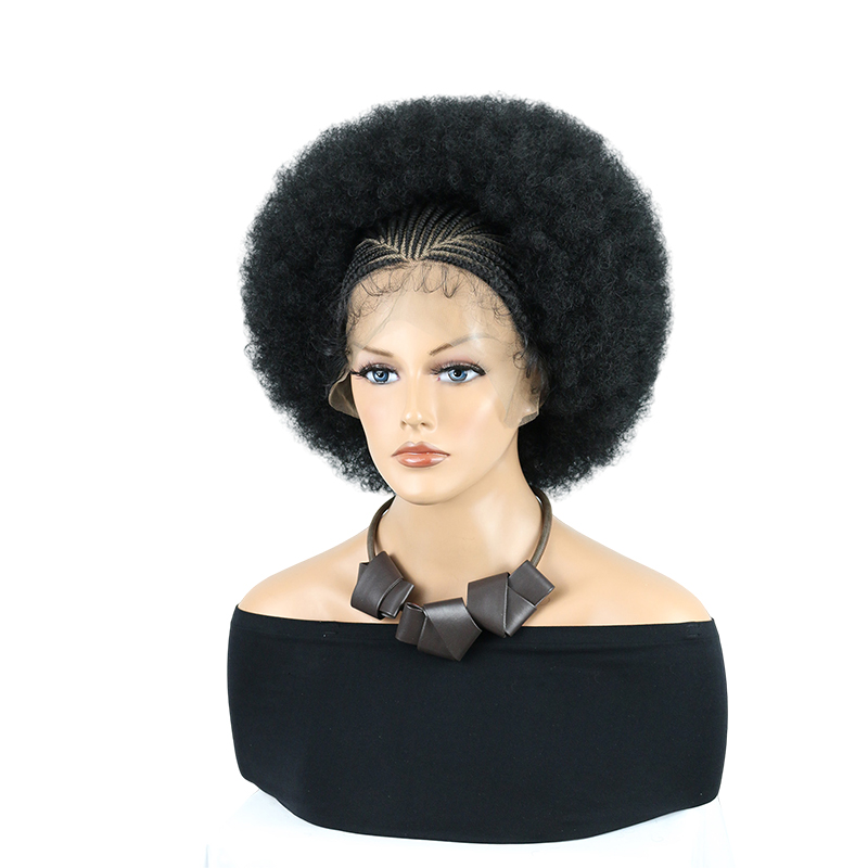 Cornrow Braided Wigs for Black Women Short Afro Puff Wig 11x5 Lace Front Braids Wig with Baby Hair Pre Braided Cornrow Hair Glueless Afro Curly Synthetic Wigs 1B Color