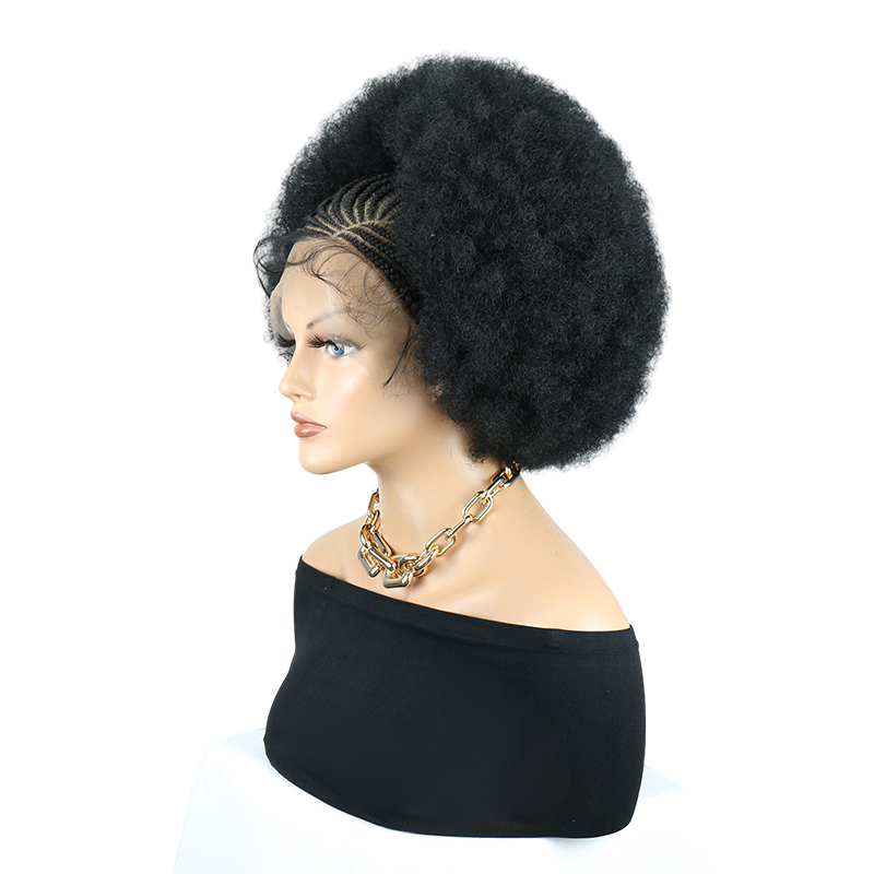 Cornrow Braided Wigs for Black Women Short Afro Puff Wig 11x5 Lace Front Braids Wig with Baby Hair Pre Braided Cornrow Hair Glueless Afro Curly Synthetic Wigs 1B Color