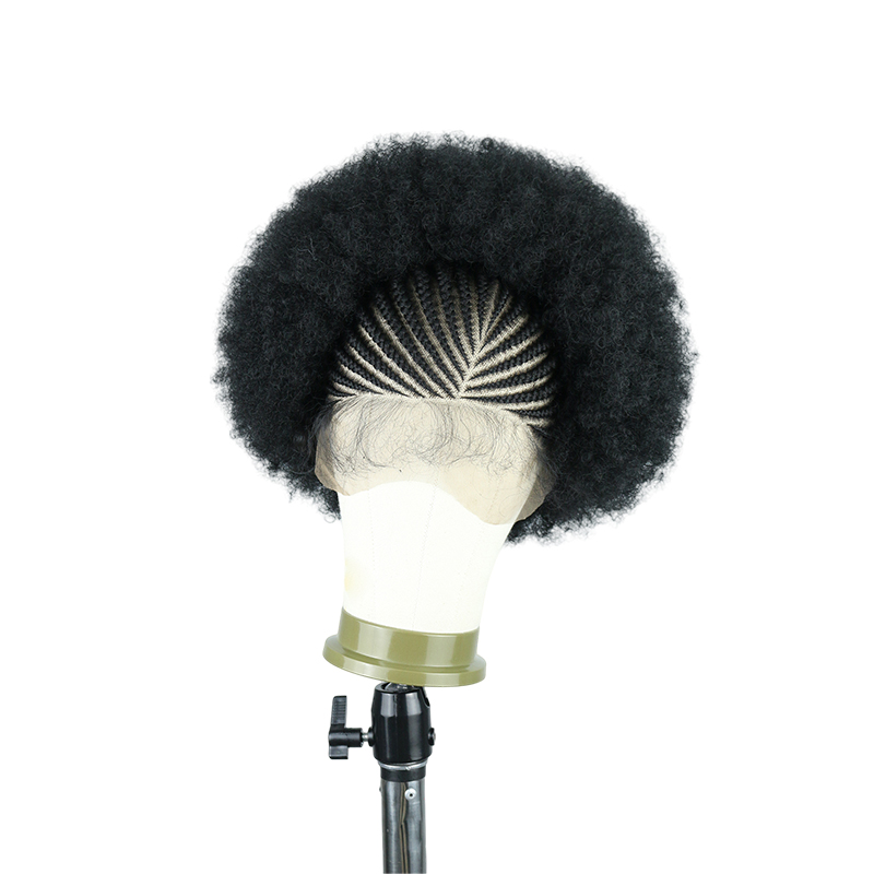 Cornrow Braided Wigs for Black Women Short Afro Puff Wig 11x5 Lace Front Braids Wig with Baby Hair Pre Braided Cornrow Hair Glueless Afro Curly Synthetic Wigs 1B Color
