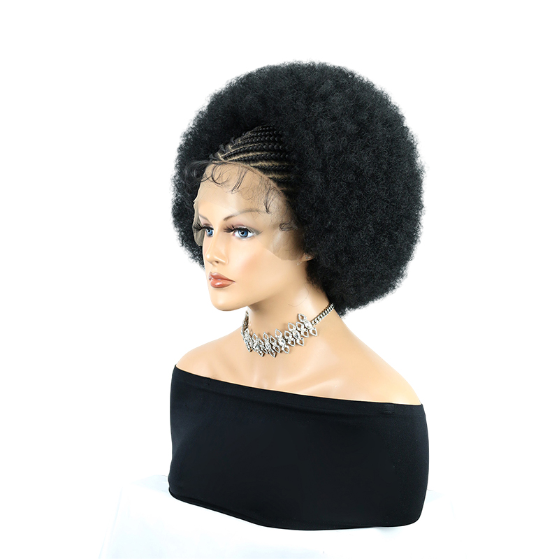 Cornrow Braided Wigs for Black Women Short Afro Puff Wig 11x5 Lace Front Braids Wig with Baby Hair Pre Braided Cornrow Hair Glueless Afro Curly Synthetic Wigs 1B Color