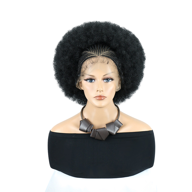 Cornrow Braided Wigs for Black Women Short Afro Puff Wig 11x5 Lace Front Braids Wig with Baby Hair Pre Braided Cornrow Hair Glueless Afro Curly Synthetic Wigs 1B Color