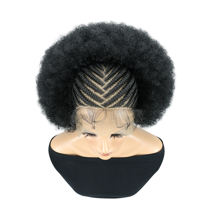 Cornrow Braided Wigs for Black Women Short Afro Puff Wig 11x5 Lace Front Braids Wig with Baby Hair Pre Braided Cornrow Hair Glueless Afro Curly Synthetic Wigs 1B Color