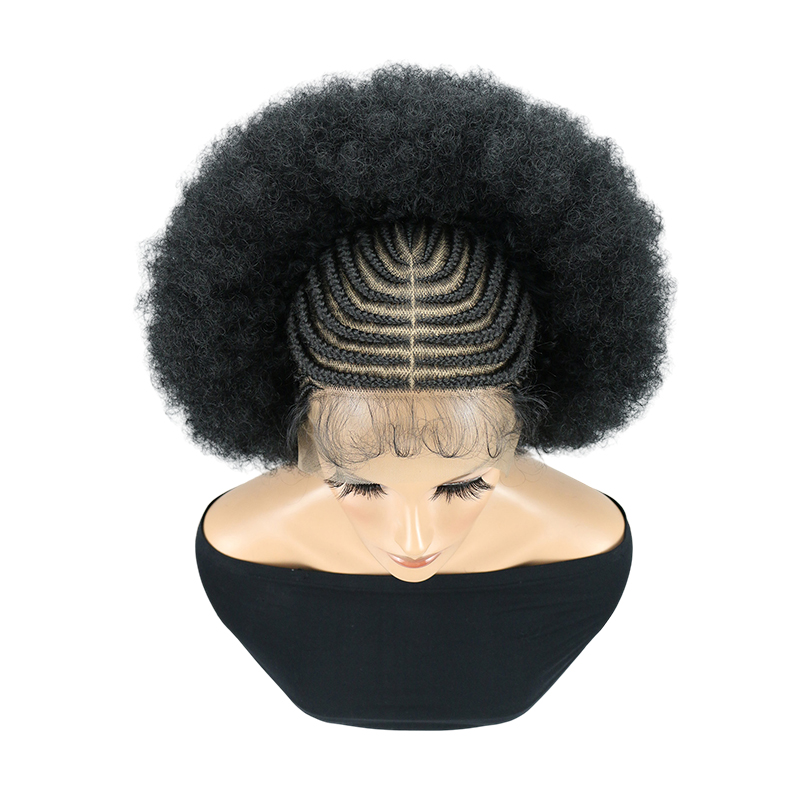 Cornrow Braided Wigs for Black Women Short Afro Puff Wig 11x5 Lace Front Braids Wig with Baby Hair Pre Braided Cornrow Hair Glueless Afro Curly Synthetic Wigs 1B Color