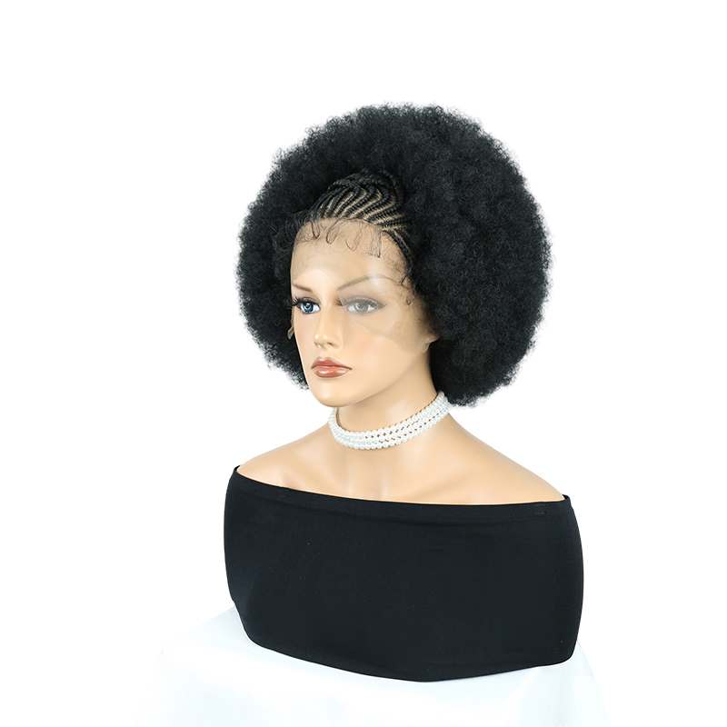 Cornrow Braided Wigs for Black Women Short Afro Puff Wig 11x5 Lace Front Braids Wig with Baby Hair Pre Braided Cornrow Hair Glueless Afro Curly Synthetic Wigs 1B Color