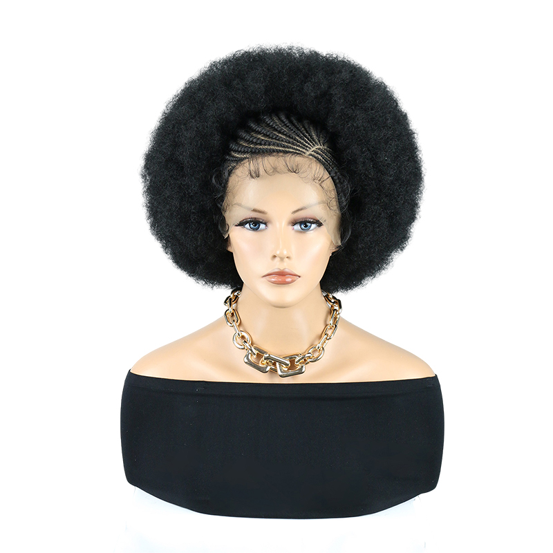 Cornrow Braided Wigs for Black Women Short Afro Puff Wig 11x5 Lace Front Braids Wig with Baby Hair Pre Braided Cornrow Hair Glueless Afro Curly Synthetic Wigs 1B Color