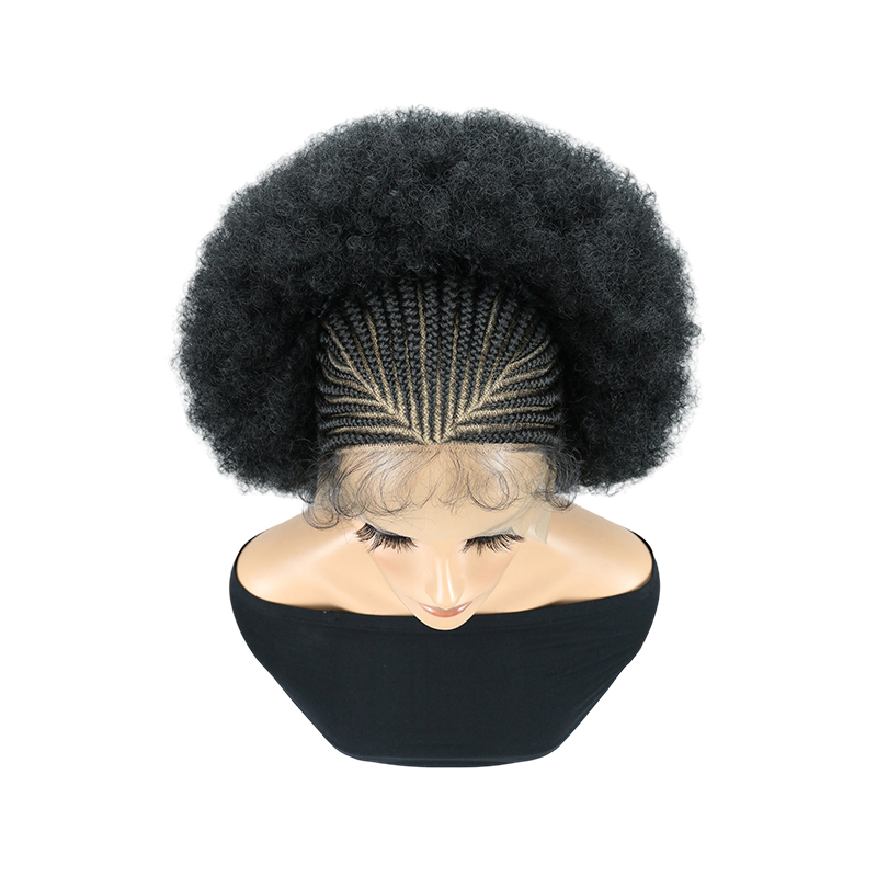 Cornrow Braided Wigs for Black Women Short Afro Puff Wig 11x5 Lace Front Braids Wig with Baby Hair Pre Braided Cornrow Hair Glueless Afro Curly Synthetic Wigs 1B Color