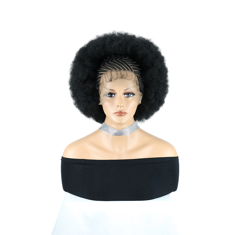 Cornrow Braided Wigs for Black Women Short Afro Puff Wig 11x5 Lace Front Braids Wig with Baby Hair Pre Braided Cornrow Hair Glueless Afro Curly Synthetic Wigs 1B Color