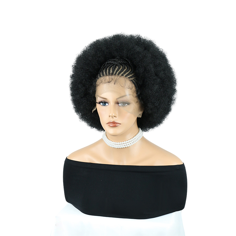Cornrow Braided Wigs for Black Women Short Afro Puff Wig 11x5 Lace Front Braids Wig with Baby Hair Pre Braided Cornrow Hair Glueless Afro Curly Synthetic Wigs 1B Color