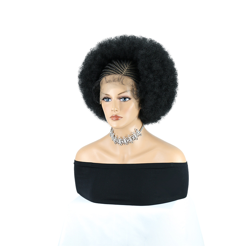 Cornrow Braided Wigs for Black Women Short Afro Puff Wig 11x5 Lace Front Braids Wig with Baby Hair Pre Braided Cornrow Hair Glueless Afro Curly Synthetic Wigs 1B Color