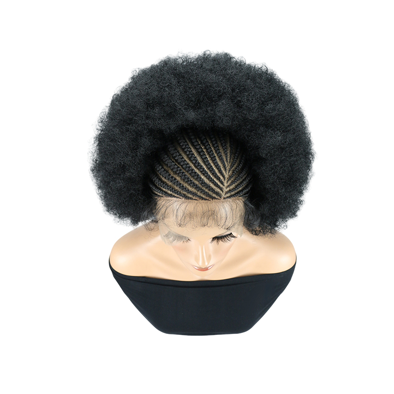Cornrow Braided Wigs for Black Women Short Afro Puff Wig 11x5 Lace Front Braids Wig with Baby Hair Pre Braided Cornrow Hair Glueless Afro Curly Synthetic Wigs 1B Color