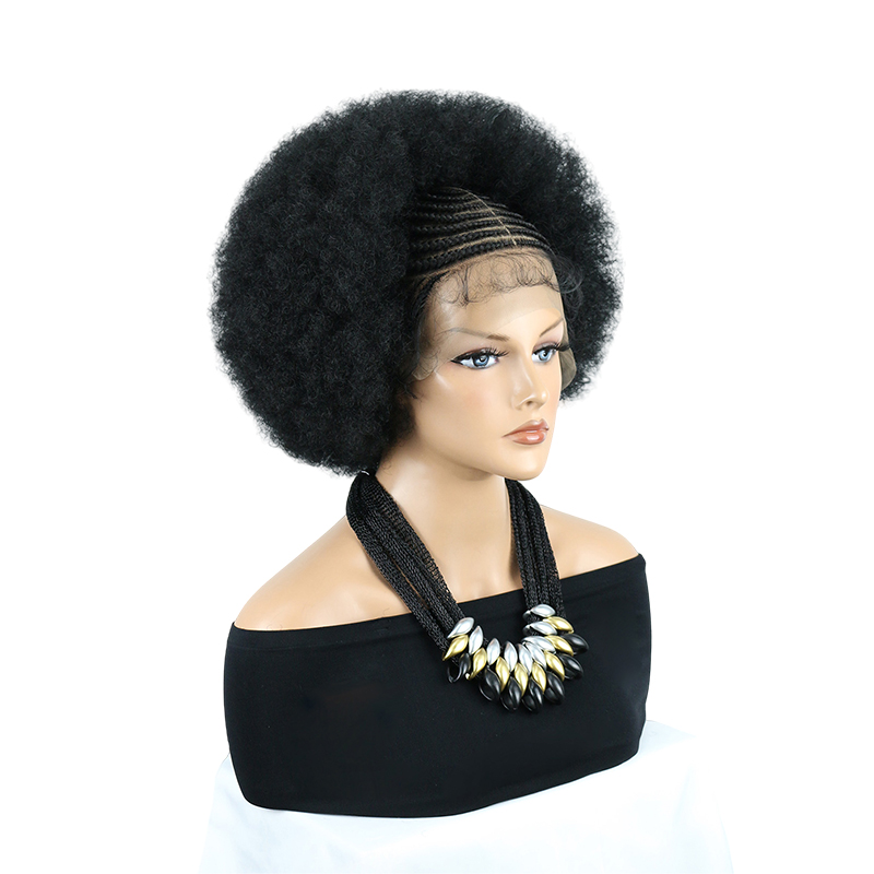 Cornrow Braided Wigs for Black Women Short Afro Puff Wig 11x5 Lace Front Braids Wig with Baby Hair Pre Braided Cornrow Hair Glueless Afro Curly Synthetic Wigs 1B Color