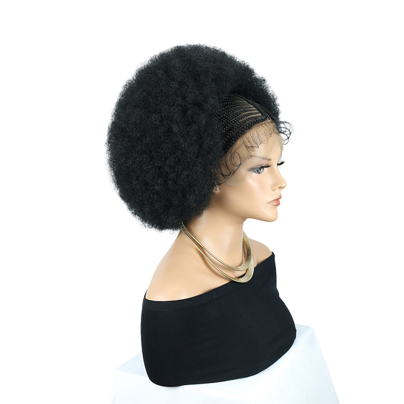 Cornrow Braided Wigs for Black Women Short Afro Puff Wig 11x5 Lace Front Braids Wig with Baby Hair Pre Braided Cornrow Hair Glueless Afro Curly Synthetic Wigs 1B Color