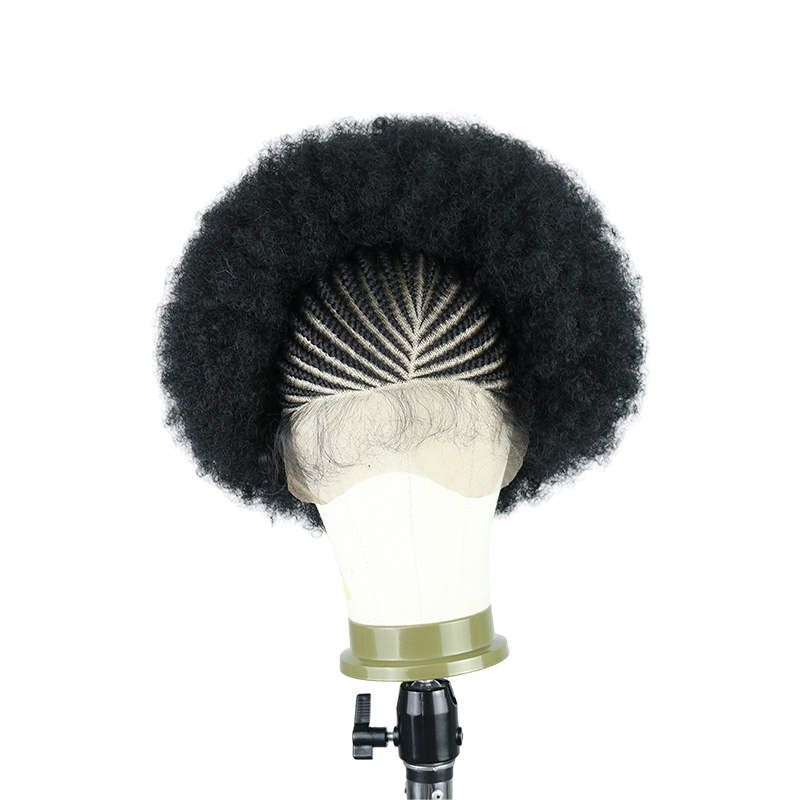 Cornrow Braided Wigs for Black Women Short Afro Puff Wig 11x5 Lace Front Braids Wig with Baby Hair Pre Braided Cornrow Hair Glueless Afro Curly Synthetic Wigs 1B Color