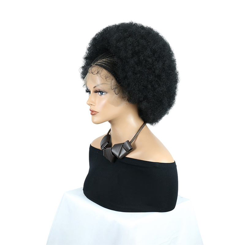 Cornrow Braided Wigs for Black Women Short Afro Puff Wig 11x5 Lace Front Braids Wig with Baby Hair Pre Braided Cornrow Hair Glueless Afro Curly Synthetic Wigs 1B Color